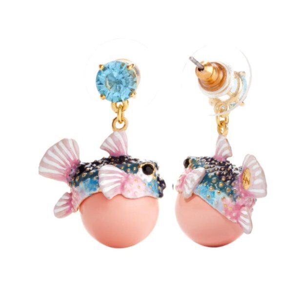 Les NEREIDES Boxfish And Light Blue Faceted Crystal Stone Pendant Sleeper Earrin - Picture 2 of 4